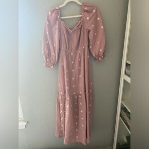 Spring/summer light pink, white flowers, short sleeve, maxi dress.